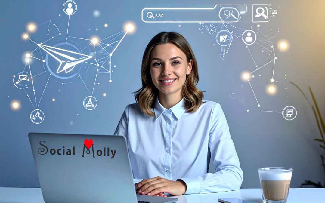 Eine selbstbewusste Unternehmerin in den 50ern sitzt an einem Laptop, umgeben von Symbolen für Sichtbarkeit, Mindset und digitale Reichweite.