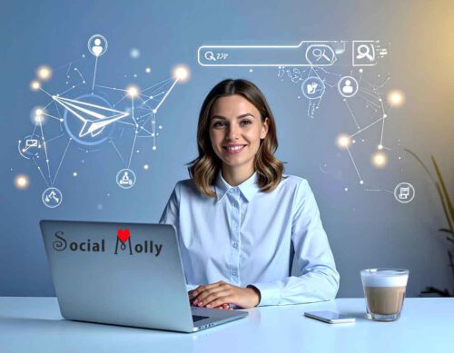 Eine selbstbewusste Unternehmerin in den 50ern sitzt an einem Laptop, umgeben von Symbolen für Sichtbarkeit, Mindset und digitale Reichweite.